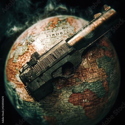 Conflict representation gun on globe conceptual art global tension dramatic lighting close-up view political commentary
