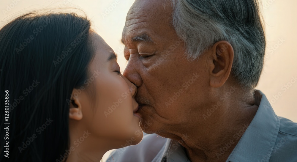Emotional connection between elderly asian man and young asian woman, celebrating generational love and family bonding Emotional connection between elderly asian man and young asian woman, celebrating generational love and family bonding