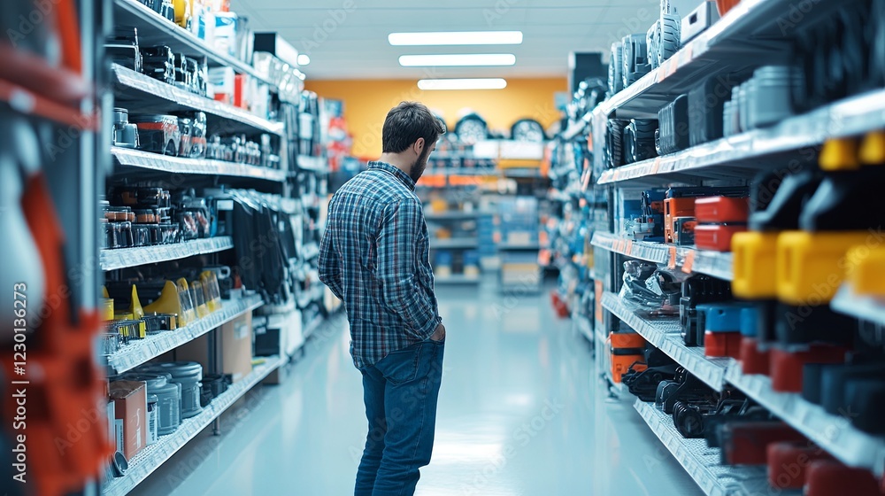 A customer exploring an EV parts aisle in a clean, well-lit shop. digital A customer exploring an EV parts aisle in a clean, well-lit shop. digital