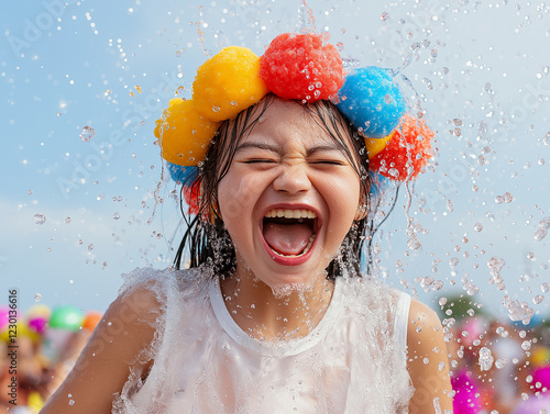 Joyful girl splashing water at vibrant festival, wearing colorful headband. scene captures excitement and fun of water celebration, with bright colors and laughter photo