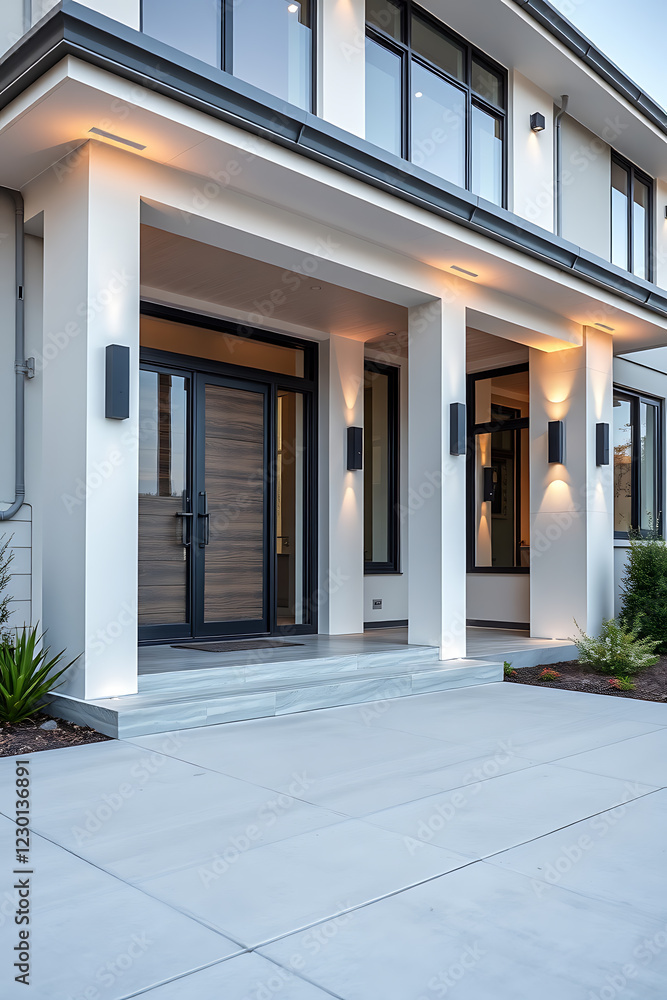 Fototapeta premium Modern Architectural House Exterior: Luxury Home Design with Elegant Entrance and Concrete Pathway