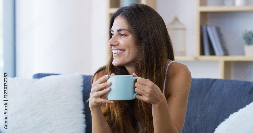Woman, happy or drinking coffee in morning for comfort, dopamine or routine in house living room. Relax girl, cup and tea beverage with caffeine in home lounge for thinking, planning and vision ideas Woman, happy or drinking coffee in morning for comfort, dopamine or routine in house living room. Relax girl, cup and tea beverage with caffeine in home lounge for thinking, planning and vision ideas