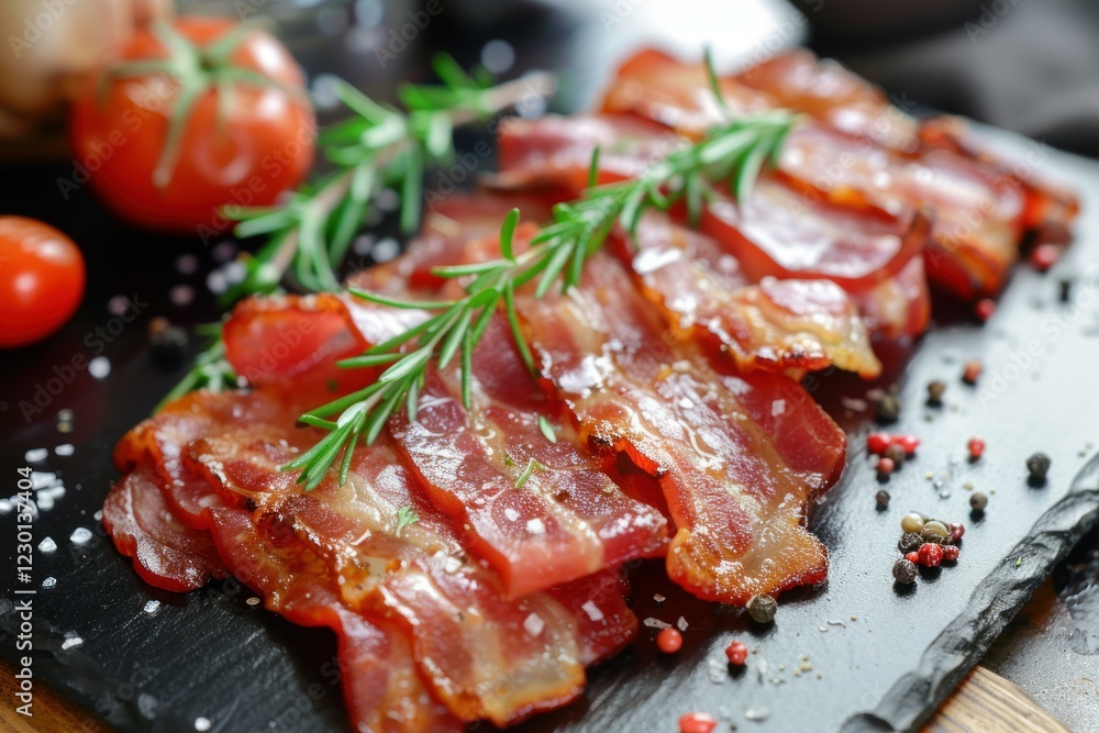 Delicious fried bacon laying on a black stone plate with rosemary and spices Delicious fried bacon laying on a black stone plate with rosemary and spices