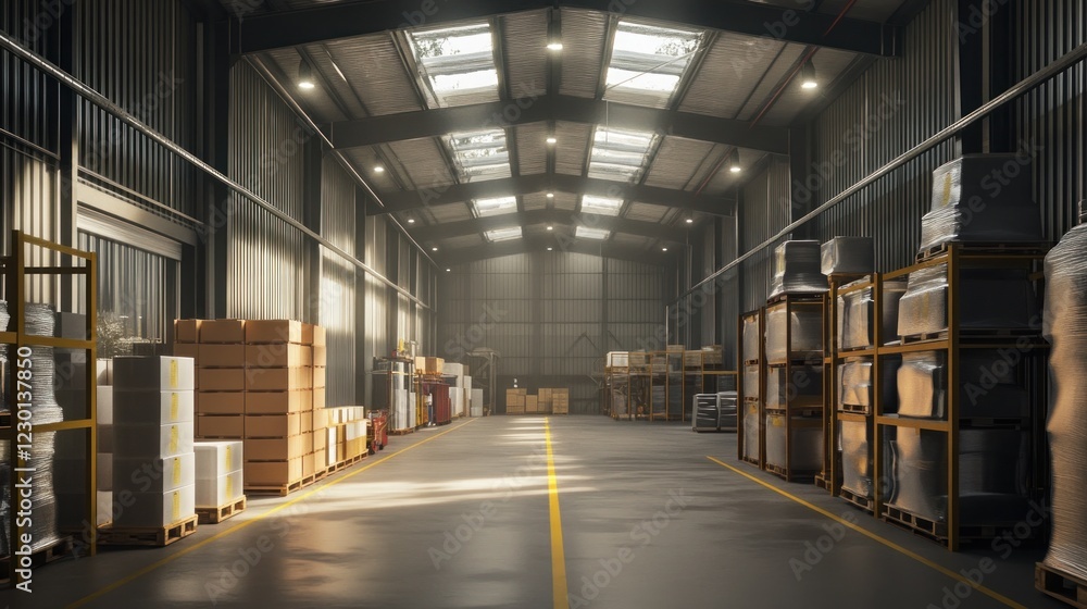 Industrial Warehouse Interior with Stacked Boxes Industrial Warehouse Interior with Stacked Boxes