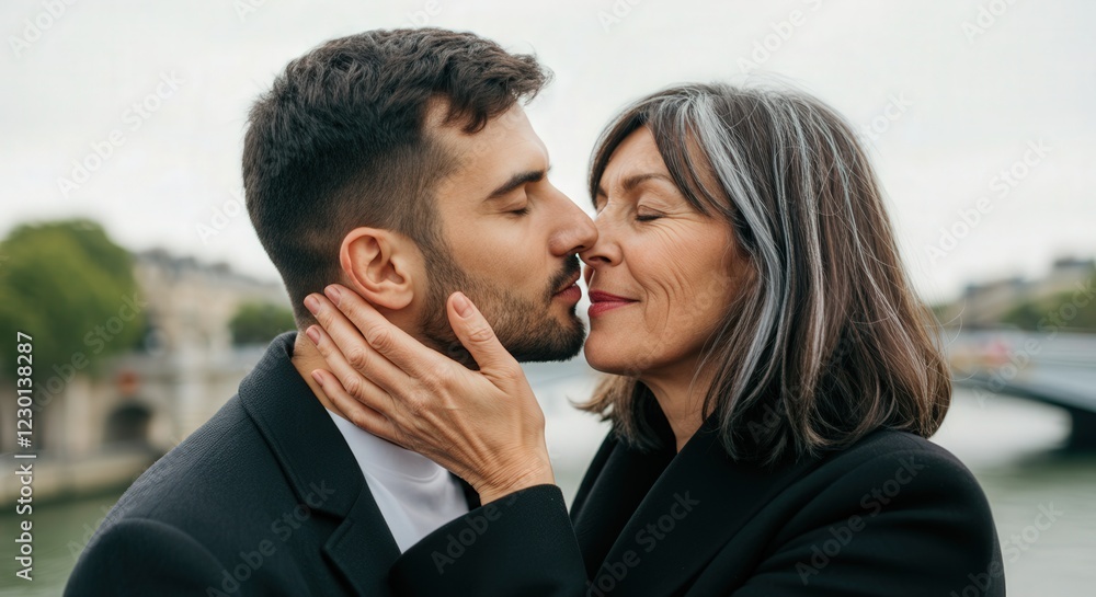 Romantic moment of mature caucasian couple by river in autumn embracing love and connection Romantic moment of mature caucasian couple by river in autumn embracing love and connection