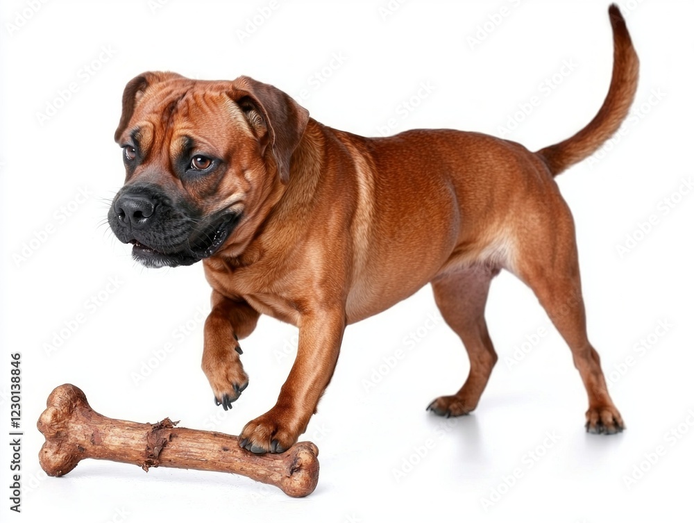 bloodhound is caught in action while chewing on large bone. dog stands on clean white background showcasing its sleek fur and playful demeanor. bloodhound is caught in action while chewing on large bone. dog stands on clean white background showcasing its sleek fur and playful demeanor.
