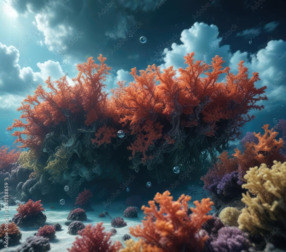 Obraz premium Serene underwater environment showcasing a bed of soft seaweed amidst swirly bubble clouds, aquatic plants, ocean scenery