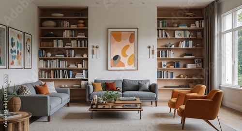 Wallpaper Mural Living room with minimalist bookshelf and framed artwork Torontodigital.ca