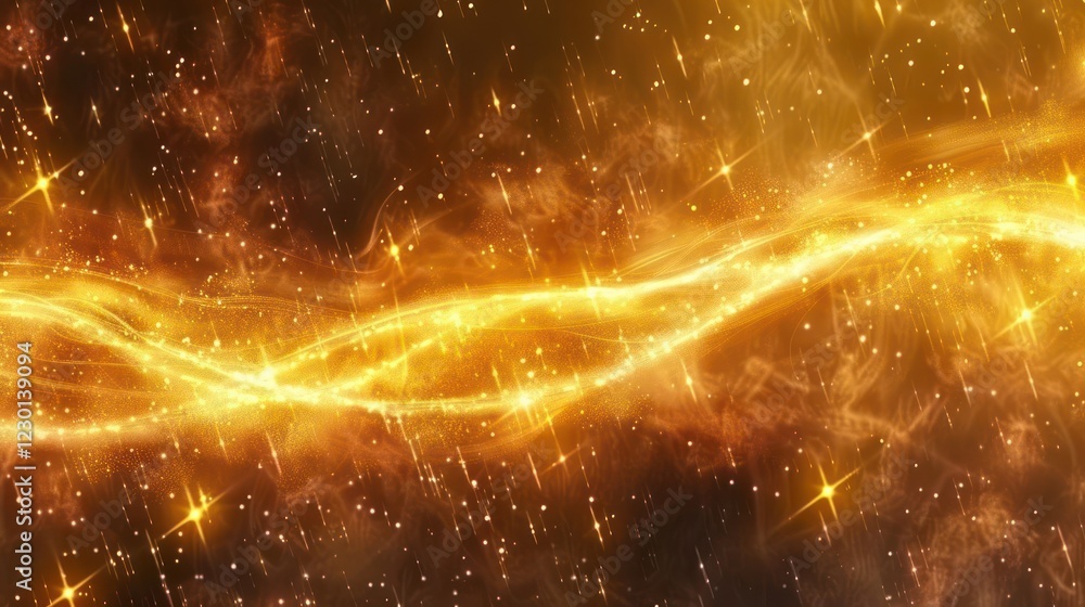 Obraz premium Vibrant cosmic scene with glowing golden waves amidst a starry background, evoking wonder