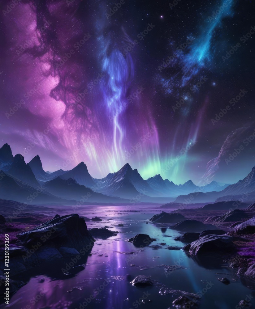 Naklejka premium Shimmering aurora borealis in a deep space setting with vibrant purple and blue hues, swirly, space, purple