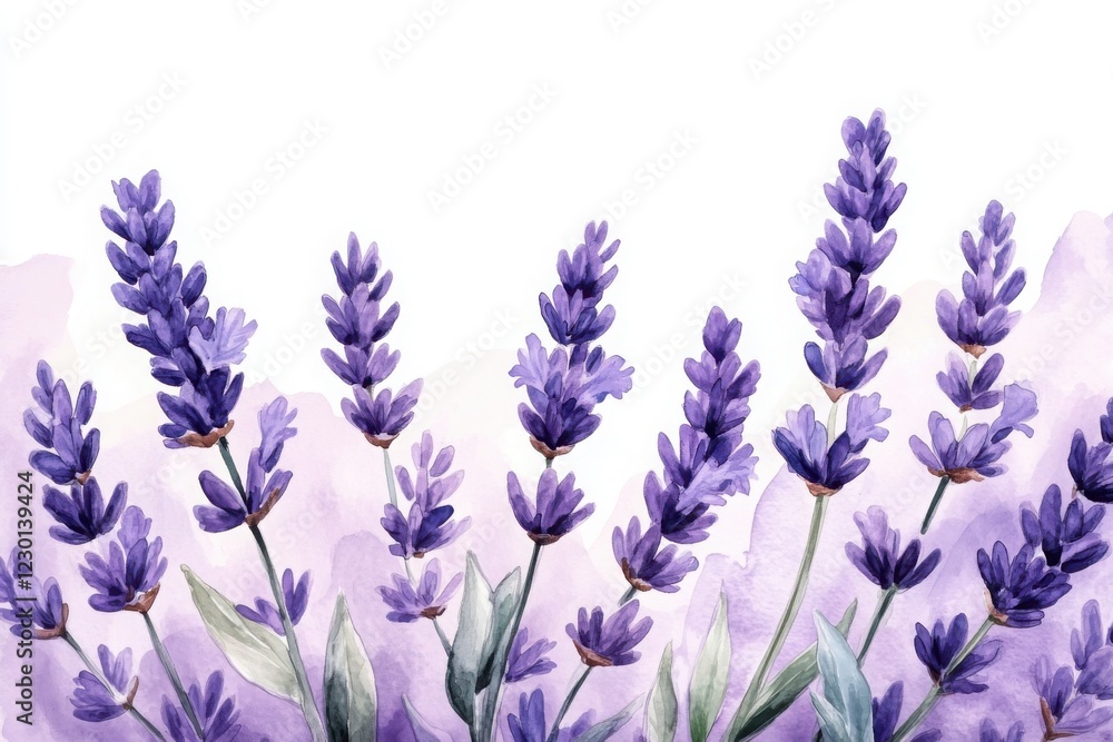 Naklejka premium Watercolor illustration of blooming lavender flowers with green leaves on a white background, featuring soft purple tones and a minimalistic composition