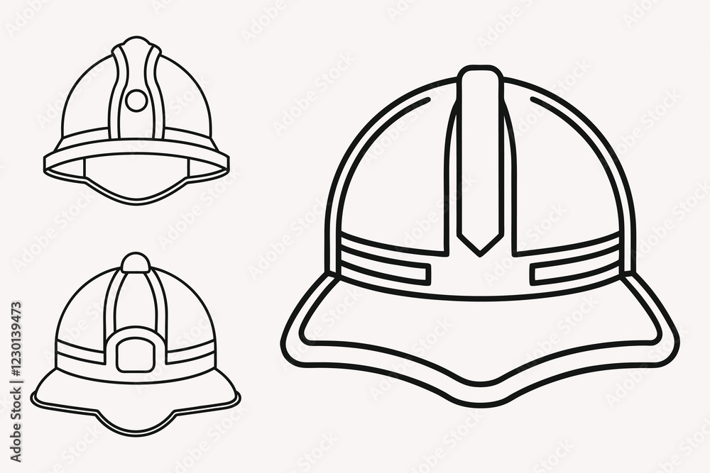 Firefighter helmet line art style vector illustration isolated on white background. Firefighter helmet line art style vector illustration isolated on white background.