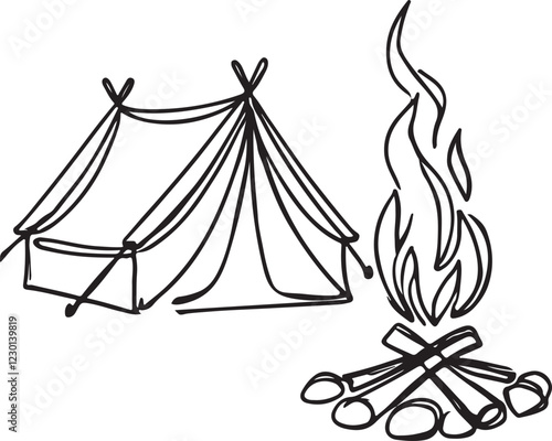Vector Art of Tent and Campfire in Simple Line Drawing Style