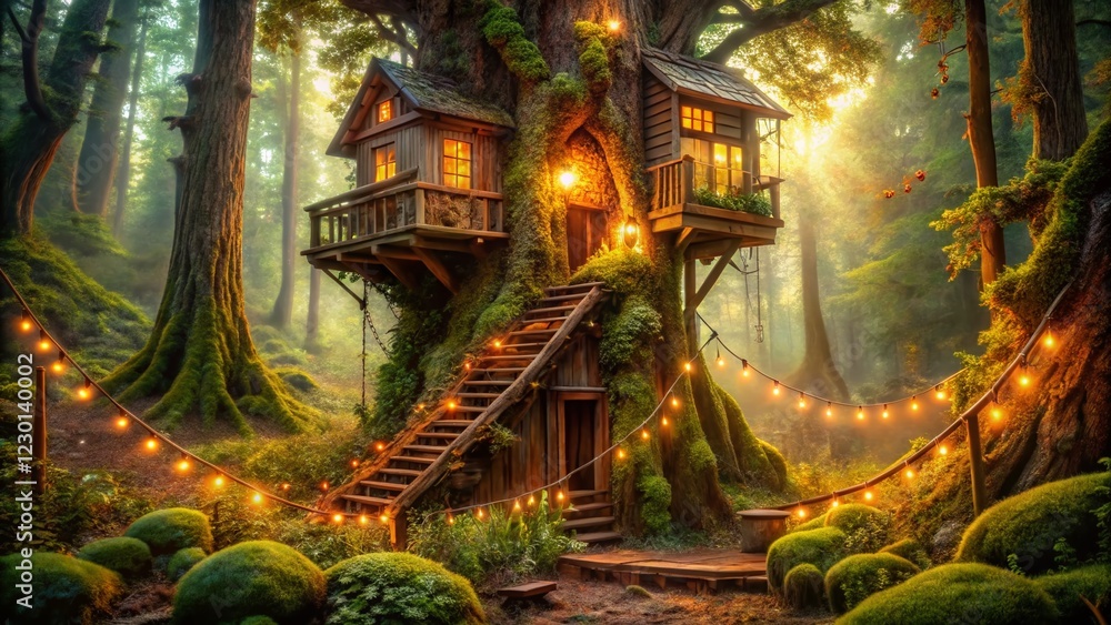 Fototapeta premium Enchanted Treehouse in Forest, Fairy Lights, Winding Staircase - Magical Stock Photo