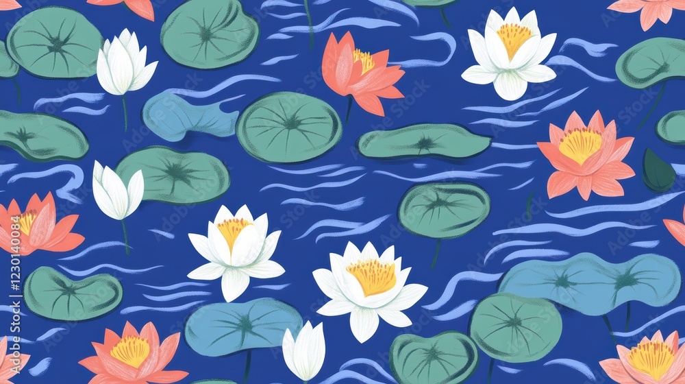Fototapeta premium Colorful Seamless Pattern Featuring Water Lilies Floating On A Blue Pond Background, Botanical Floral Illustration Depicting Nature's Beauty