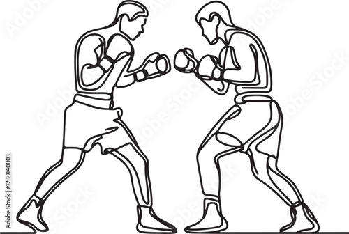 Boxing Match Line Art - Two Boxers Fighting Vector Illustration