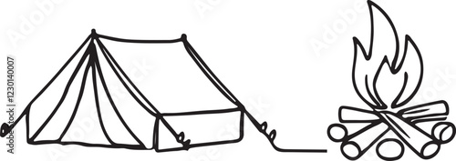 Vector Art of Tent and Campfire in Simple Line Drawing Style