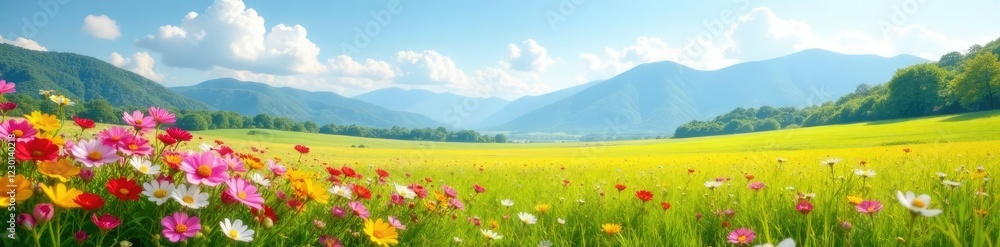 a gentle breeze rustles colorful blooms in a vast field, mountains, clouds, sky a gentle breeze rustles colorful blooms in a vast field, mountains, clouds, sky