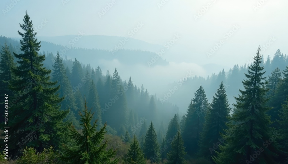 Fototapeta premium A misty veil envelops a vast expanse of boreal forest with spruce and fir trees, fog, serene, spruce