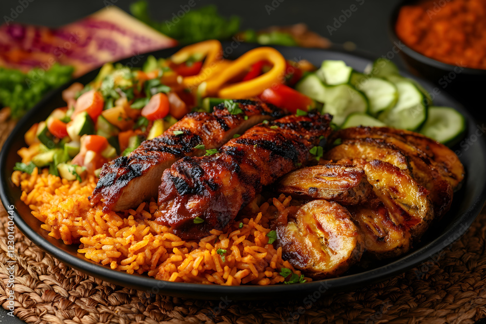Grilled chicken with rice, fried plantains, and fresh vegetables Grilled chicken with rice, fried plantains, and fresh vegetables