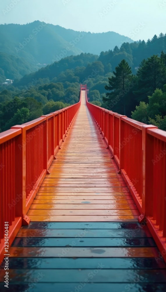 A narrow colored plastic path crossing over a bridge, narrow, runway A narrow colored plastic path crossing over a bridge, narrow, runway