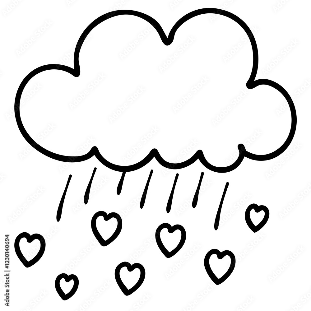 Romantic Cloud with Heart Showers Line Drawing Romantic Cloud with Heart Showers Line Drawing
