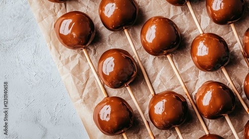 Rows of shiny chocolate covered treats on sticks arranged on parchment paper sweet and tempting dessert photo