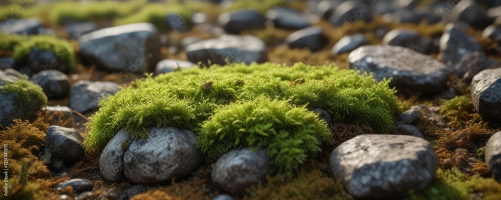 Small patch of moss pokes out from stone in dry ground, moss, plant, dry Small patch of moss pokes out from stone in dry ground, moss, plant, dry