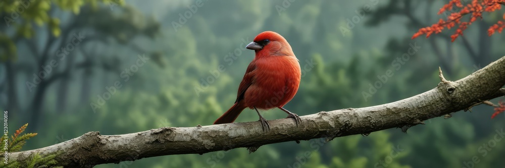 Fototapeta premium Small red bird perched on the thin edge of a tree branch overlooking a forest landscape, outdoor scene, tree edge