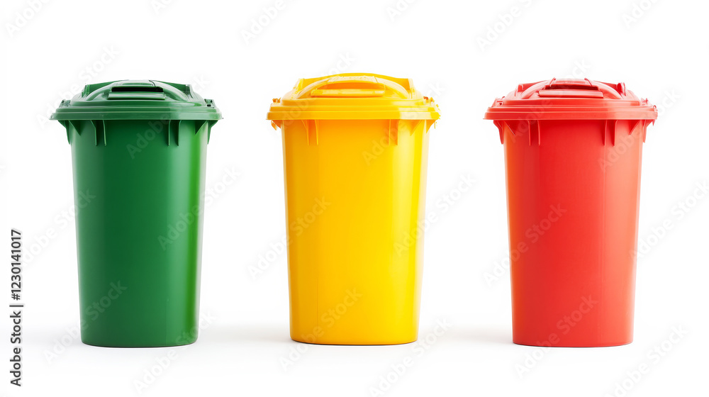 Recycling Bins: Green, Yellow, and Red Recycling Bins in a Row