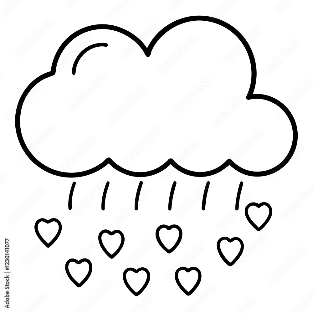 Romantic Cloud with Heart Showers Line Drawing Romantic Cloud with Heart Showers Line Drawing