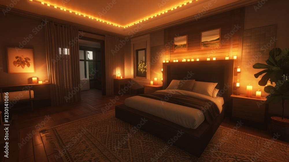 Cozy bedroom with warm lighting, decorated with candles and plants, creating a serene atmosphere Cozy bedroom with warm lighting, decorated with candles and plants, creating a serene atmosphere