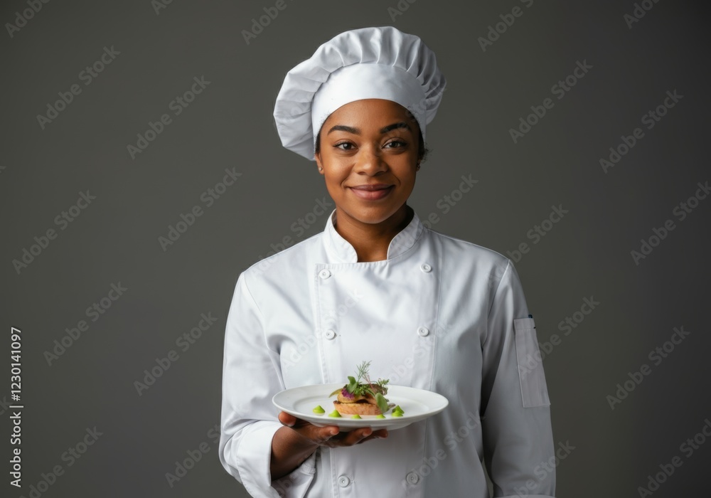 Smiling Black female chef holding gourmet dish in professional kitchen attire Smiling Black female chef holding gourmet dish in professional kitchen attire