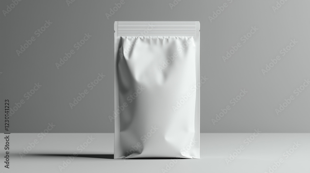 A mockup white pouch stands prominently on a smooth surface, perfect for showcasing gourmet or organic contents A mockup white pouch stands prominently on a smooth surface, perfect for showcasing gourmet or organic contents