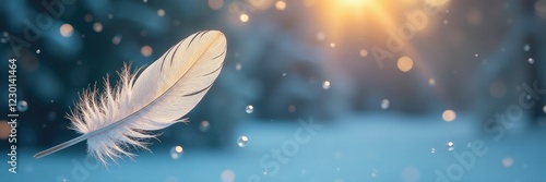 A single feather clings to a frosty windowpane, gentle, subtle, softfocus