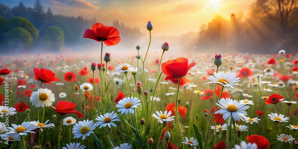 Obraz premium Endless Wildflower Meadow: Red Poppies & Daisies in Misty Field