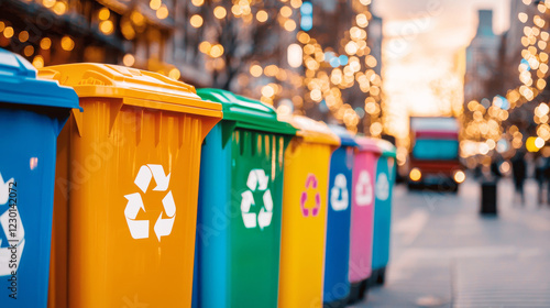 Colorful Bins for a Sustainable Future: A vibrant row of multi-colored recycling bins stands ready to collect and sort waste, a symbol of urban environmental responsibility.   photo