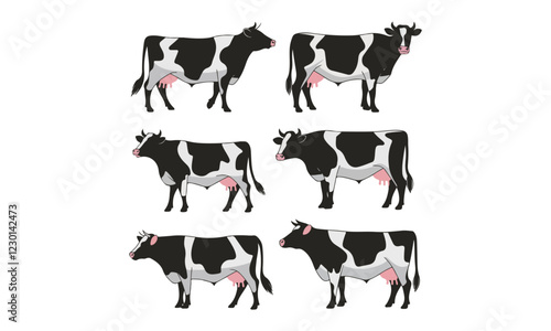 Cute Cartoon Illustration of Six Dairy Cows in Various Poses with Pink Udder