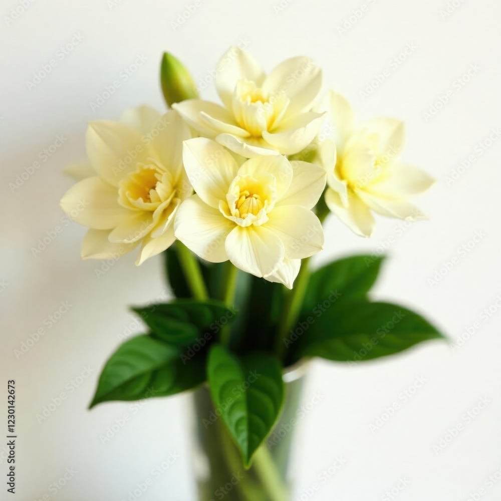 Obraz premium Cream-colored flowers in a vase with lush green leaves, flower pot, floral, natural