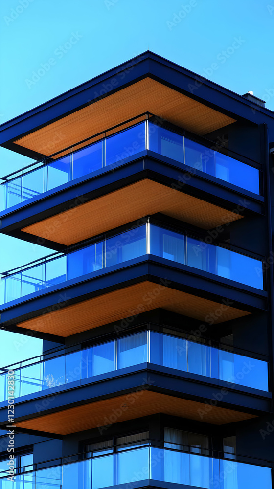 Modern apartment building balconies, clear sky Modern apartment building balconies, clear sky