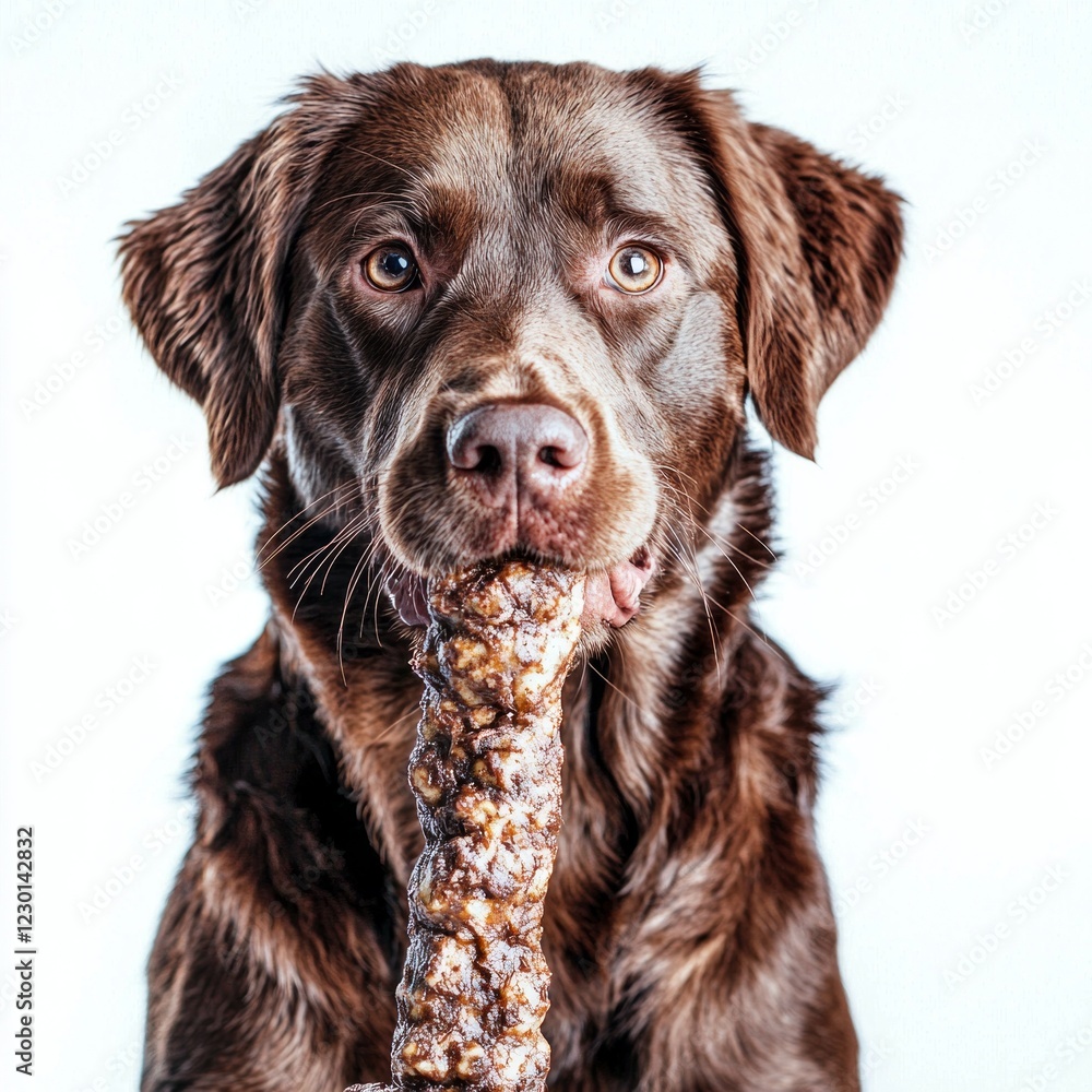 Chesapeake Bay Retriever is happily chewing on large bone against clean white background showcasing its strong features and playful nature in dedicated moment of enjoyment. Chesapeake Bay Retriever is happily chewing on large bone against clean white background showcasing its strong features and playful nature in dedicated moment of enjoyment.