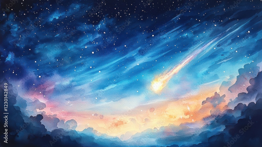 Naklejka premium Celestial Watercolor Meteor Shower Over Colorful Cloudscape