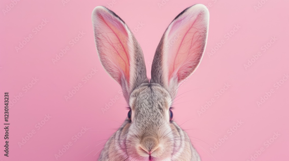 Fototapeta premium A pair of fluffy white rabbit ears peek out against a pink background, creating a playful Easter theme. The concept of Easter bunny ears.
