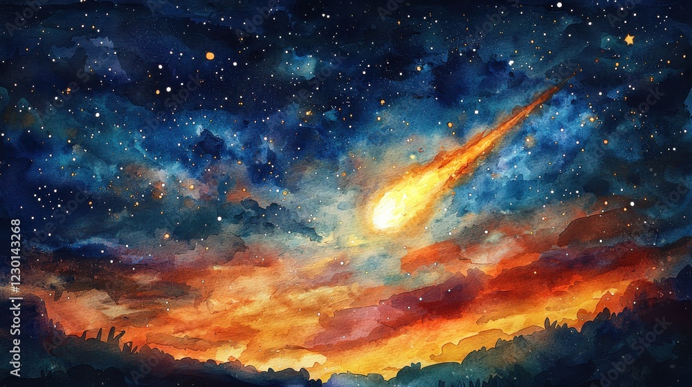 Fiery Meteor Streaking Across A Starry Night Sky Watercolor Painting Fiery Meteor Streaking Across A Starry Night Sky Watercolor Painting