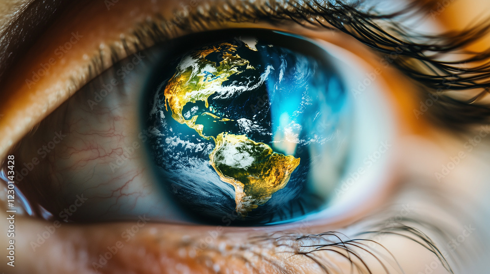 Obraz premium Earth reflected in a human eye, created with generative AI technology 