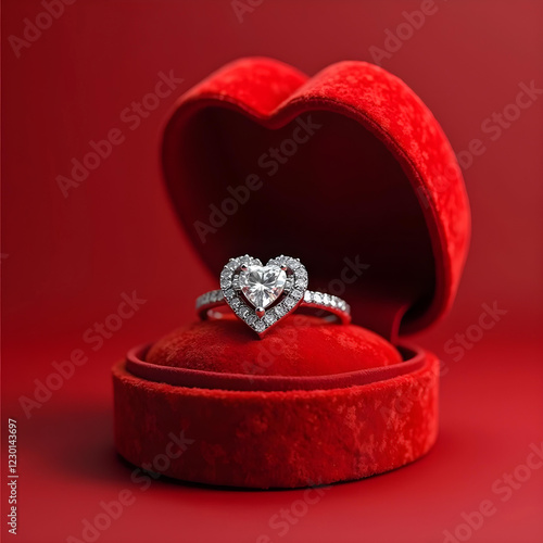 A highly detailed 3D rendering of a sparkling diamond ring resting inside a plush red velvet heart-shaped box, elegant and sophisticated. photo