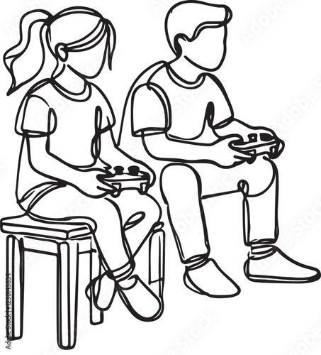 Line Art of Two Children Playing Video Games - Vector Design