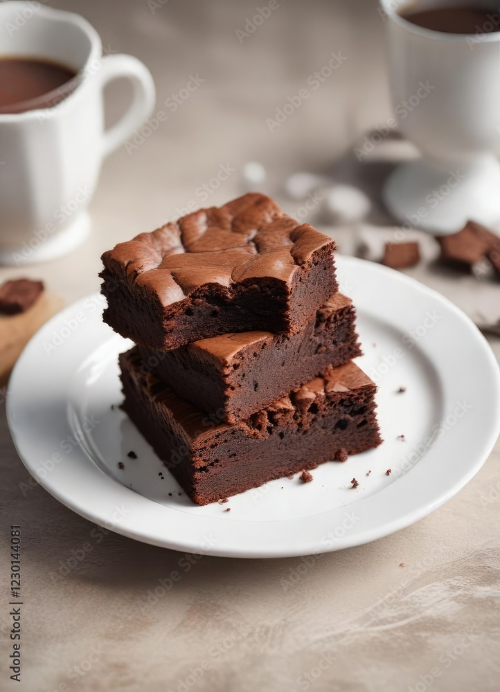 Soft, fluffy, and airy texture of classic soft brownie on a white porcelain plate, light, fluffy Soft, fluffy, and airy texture of classic soft brownie on a white porcelain plate, light, fluffy
