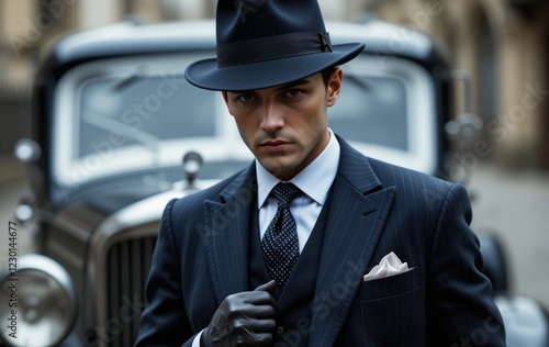 Portrait of a businessman with a classic vintage look standing in front of his classic luxury car photo