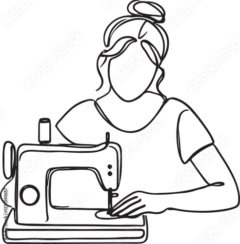 Crafting in Style. Line Drawing of Woman Sewing - Vector Art
